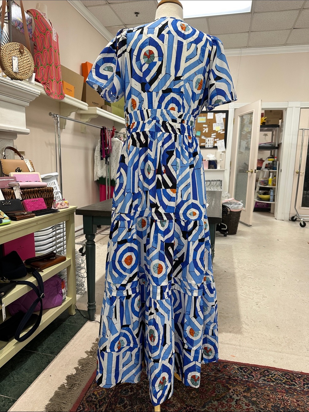 Anthropologie Blue Geometric Print Tiered Maxi Dress with Orange Accents. - Picture 2 of 8